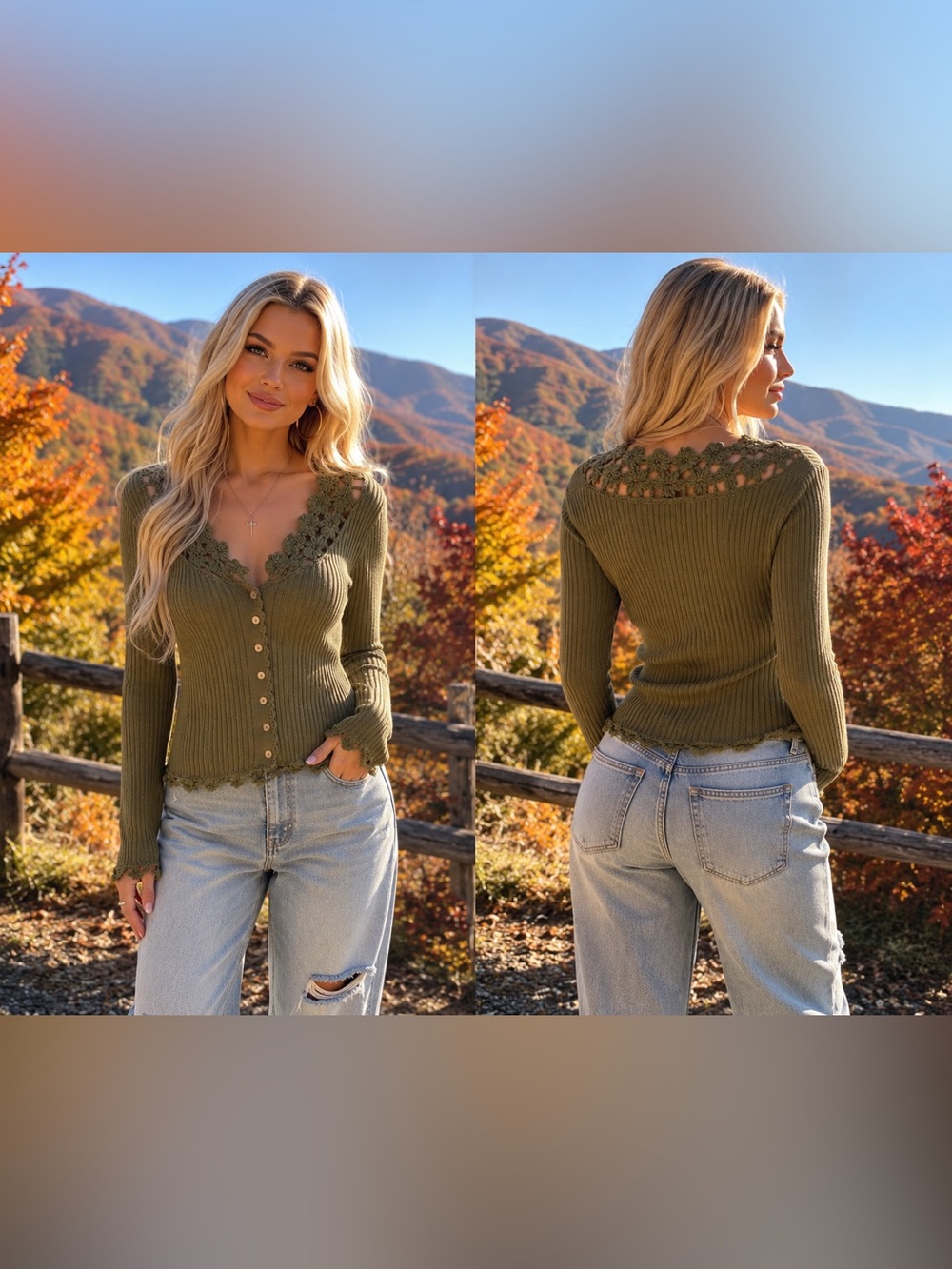 Soft Surroundings Olive Ribbed Button Crochet-Trim Sweater